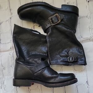 Frye Veronica Short Black Combat Moto Boots Rugged Leather Size 5.5